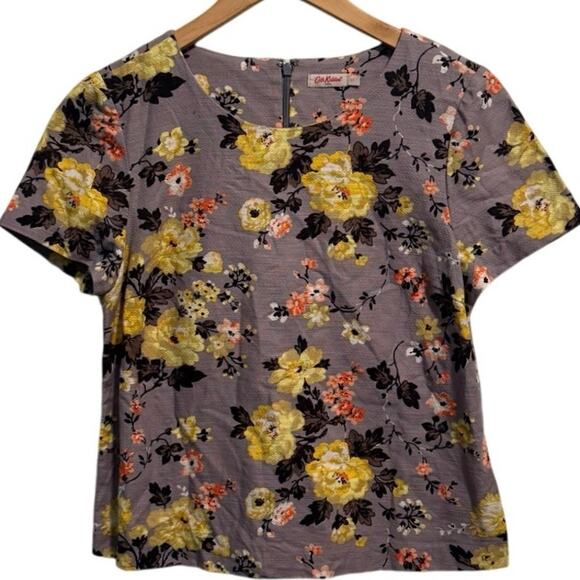 Cath Kidston Women's Gray Yellow Floral Short Sleeve Cropped Blouse Tops Size 10 - Picture 1 of 5